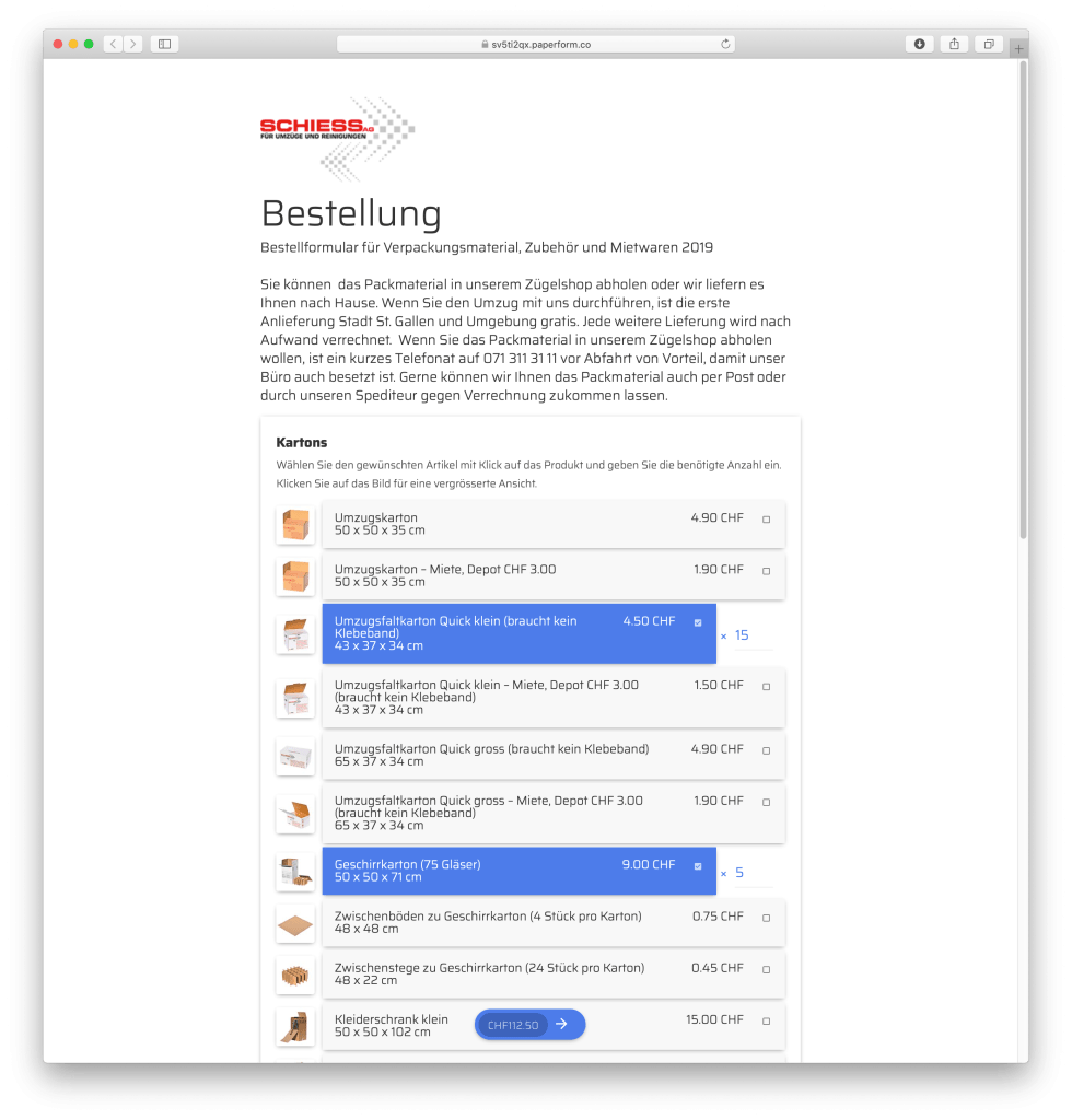 Zügel-Shop, Offertanfrage und Feedback-Formular wurden mit Paperform realisiert