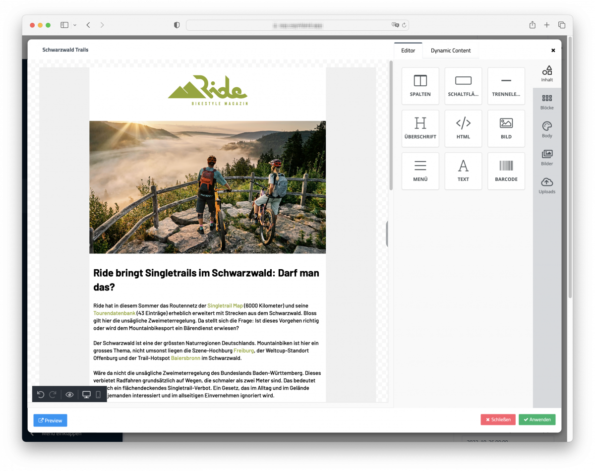 E-Mail Editor von Caymland M4 mit Drag-and-Drop Komponenten