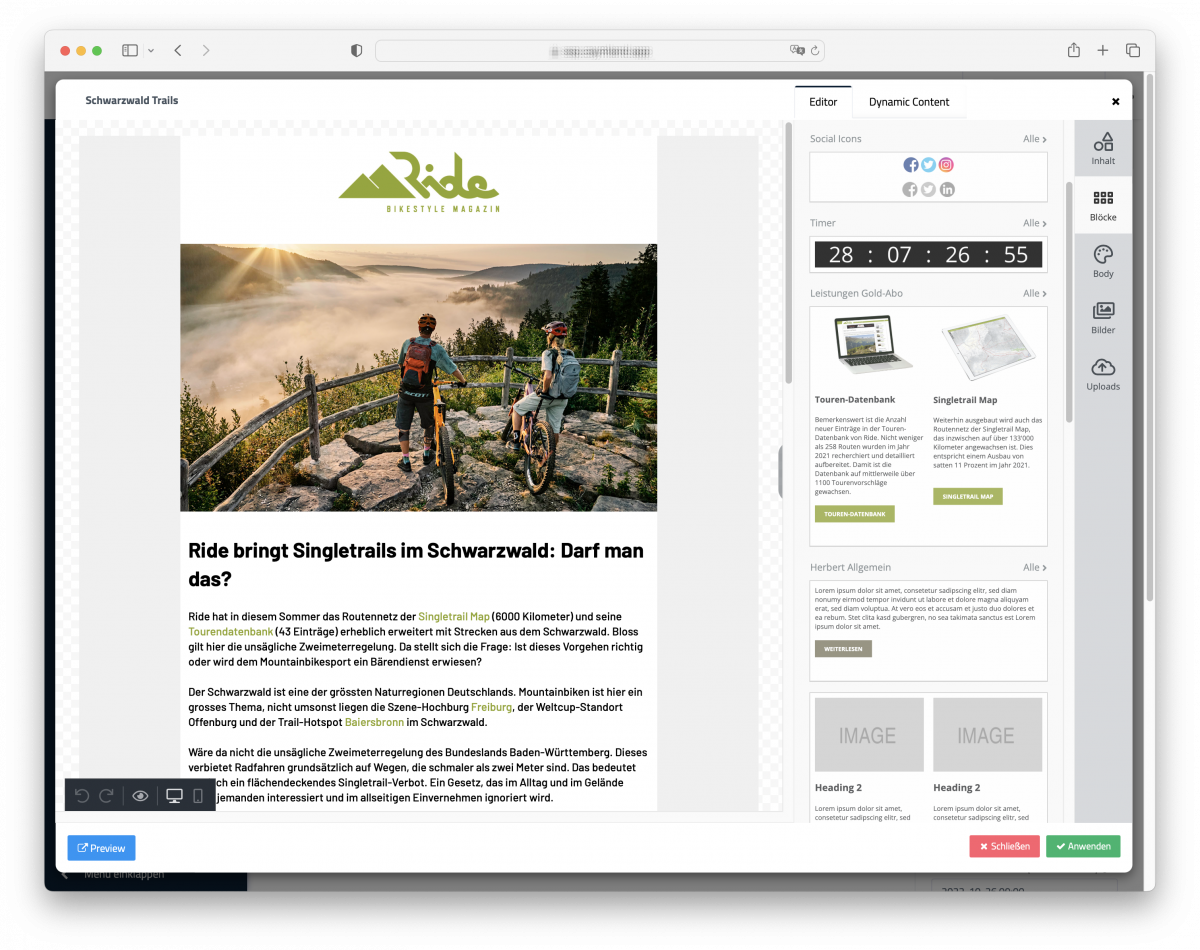 E-Mail Editor von Caymland M4 mit abgespeicherten Inhaltsblöcken