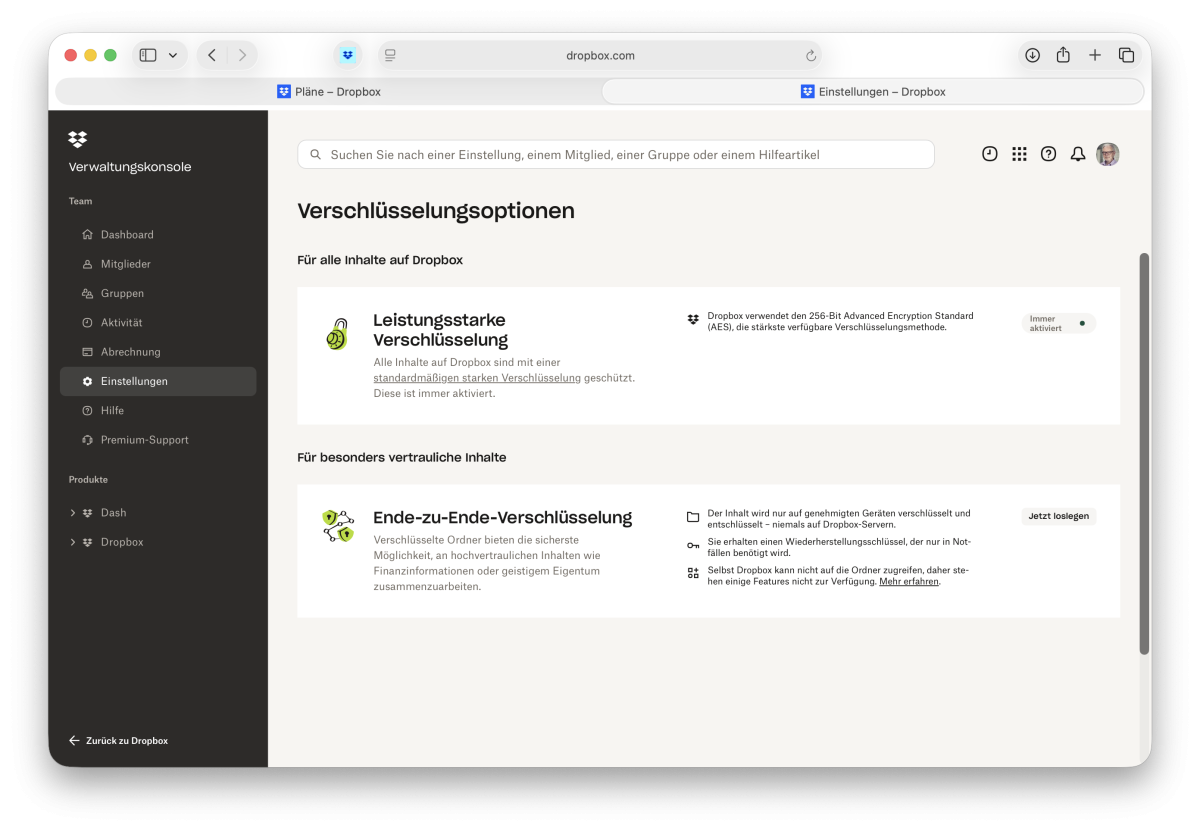 Dropbox kennt mehrere Verschlüsselungsoptionen